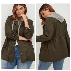 torrid Olive Utility Jacket with Gray Hood